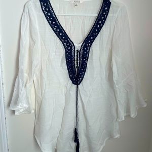 SOLD || White peasant blouse with navy detailing